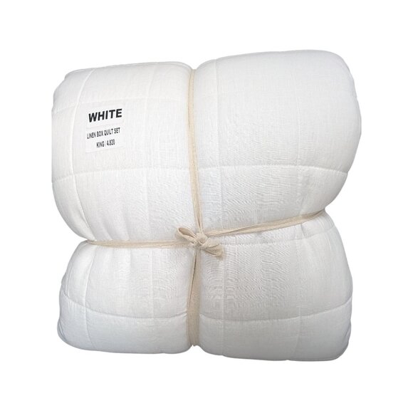 Quince European Linen Box Quilt 3PC Set Color White Size King/Cal King -NEW- - Picture 1 of 8